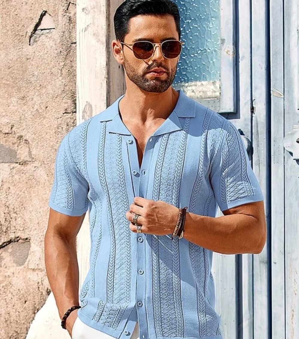 Coofandy Men Knit Polo Shirt Sky Blue Textured Short Sleeve Size L New